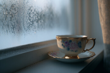 Delicate porcelain tea cup with floral design resting on a window sill with condensation
