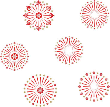 PrRed and gold firework burst illustrations in circular festive arrangement on white backgroundint