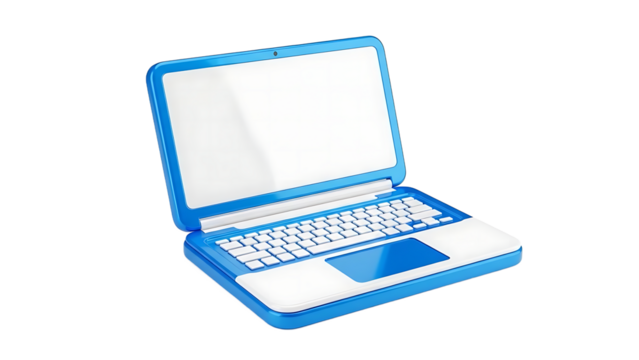 Blue laptop computer with white keyboard and blank screen isolated on a transparent background - Powered by Adobe