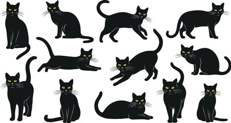 Black cat illustration set, cute feline poses, minimal flat design, yellow eyes, isolated on white background, vector style graphic collection © Mahadi's World