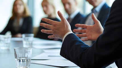 Business leader gesturing during boardroom coaching session with executive team around table, symbolizing leadership development and strategic guidance.