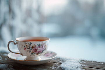 Delicate floral tea cup with saucer on a rustic wooden surface
