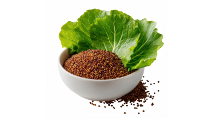 Fresh brown mustard seeds in a white bowl with vibrant green mustard leaves for culinary use
