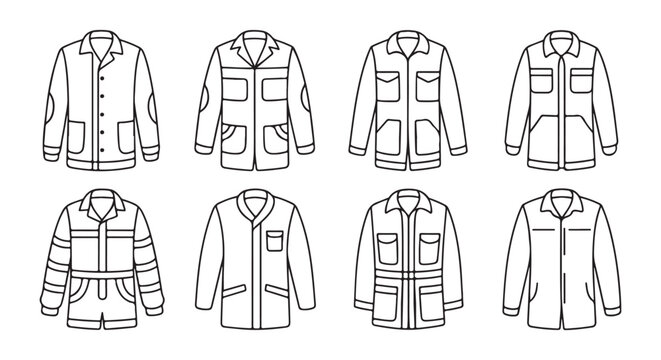 Workwear Jackets Collection. Front View Flat Illustrations Set.