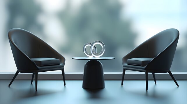 Two armchair facing each other with small table and balance scale between them, symbolizing mediation, negotiation and conflict resolution in calm setting.