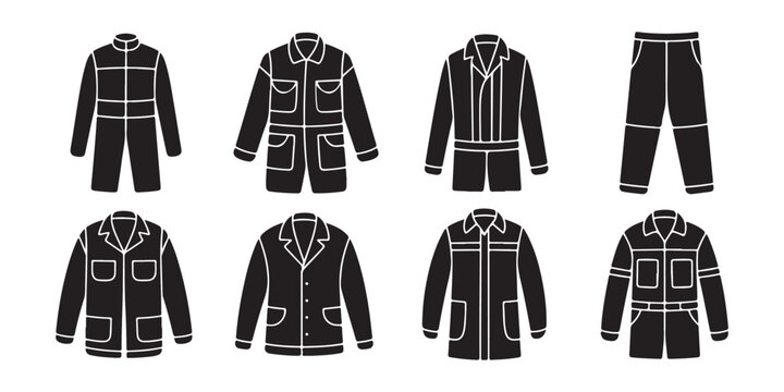 Set of black uniform jackets and pants with white outlines, workwear collection.