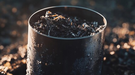 An empty cup is placed on the ground and is covered in dirt and mud.