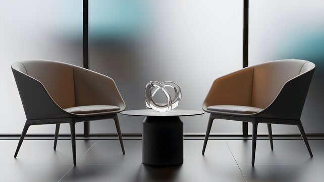 Two modern armchair facing each other with small table and decorative sculpture in neutral setting symbolizing mediation concept and dialogue.