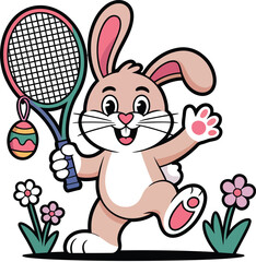 Easter Bunny Tennis Mascot Illustration Holding Racket and Egg
