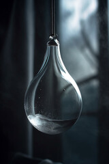 Minimalist Glass Teardrop Vessel Containing Shimmering Liquid and Particles in Dark Lighting