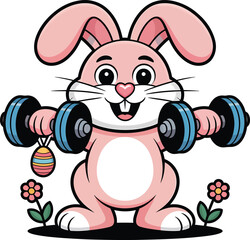 Easter Bunny Workout Mascot Lifting Dumbbells and Decorated Egg Illustration