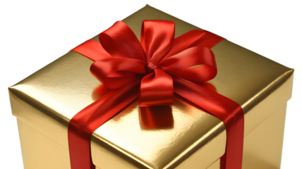 A luxurious golden gift box beautifully wrapped with a vibrant red satin ribbon and a large elegant bow displayed in a close up studio shot under bright even lighting for a festive and celeb