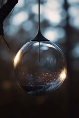 Decorative Glass Sphere Orb Filled with Golden Sparkling Particles Hanging in Soft Bokeh Light