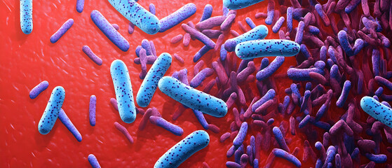 Microscopic view of bacteria cells on red surface