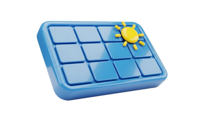 Blue solar panel with yellow sun on white background isolated on a transparent background