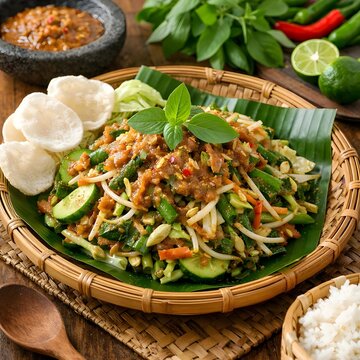 Karedok is a typical Sundanese food (including Ciamis) in the form of a salad of fresh raw vegetables (cabbage, cucumber, bean sprouts, long beans, eggplant, basil) drizzled with a spicy, sweet and sa