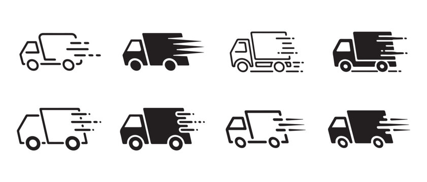 Fast Delivery Trucks Icons Set. Speed, Logistics, Transport, Shipping Icons.