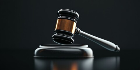 A traditional wooden gavel with a gold band at the top is resting on its stand. The gavel's polished surface and the contrast of its dark color against the lighter wood give it an elegant appearance.