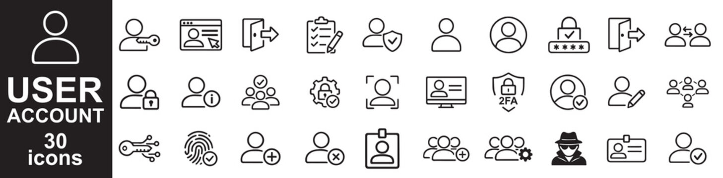 User Account Web Icon Set in Line Style. Collection of User profile Icons, account icon, Profile, avatar, login, password, username, add friend, access, connect and more icons . Editable Stroke