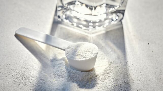 Clean, close-up shot of a supplement scoop with white powder and glass, perfect for commercial sports nutrition and fitness supplement promotions, featuring creatine, featuring vitamine, featuring mag