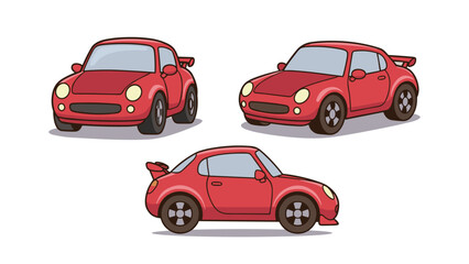 Naklejka premium Cute Red Cartoon Car Set in Different Angles Vector Illustration