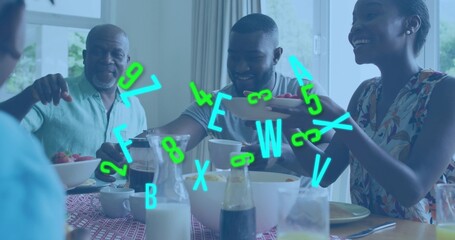 Passing dishes family sharing meal at home dining room, with white serving bowl and teal overlay