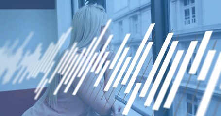 Leaning woman wearing tank top, shades, looking out at building from window sill, waveform overlay