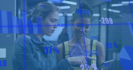 Leaning pair with denim jacket and yellow top pointing at smartphone in office, with data overlays