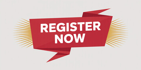Red banner with text REGISTERNOW and radiating lines on white background