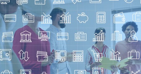 Discussing four colleagues in business attire in meeting area, with yellow folder and data overlay