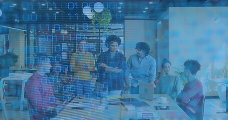 Collaborating seven staff sharing ideas at table in open office, with laptop, binary overlay