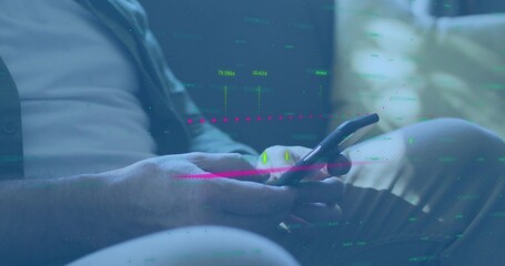 Tapping smartphone, mature man sitting on couch, wearing open shirt with HUD overlay glowing