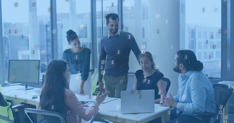 Collaborating five colleagues wearing business casual at office meeting table with laptop, vests