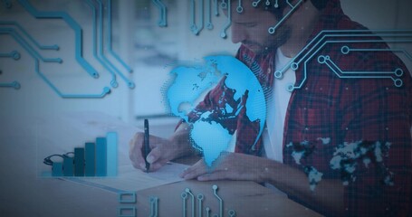 Writing mid-adult man in red-plaid shirt writing on paper at desk with pen, glasses, tech overlays