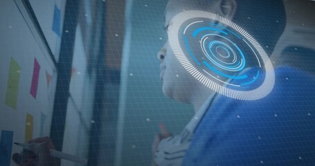 Viewing man in business-casual right profile at office studying sticky notes marker HUD, copy space