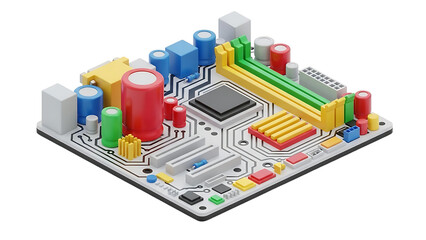 Colorful computer circuit board with various components on a white background isolated on a transparent background