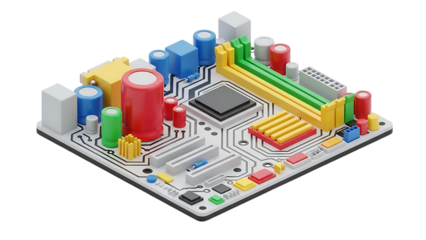 Colorful computer circuit board with various components on a white background isolated on a transparent background