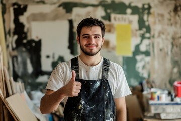 A man in a white shirt and black apron is giving a thumbs up. He is standing in a room with a wall that has a yellow sign on it