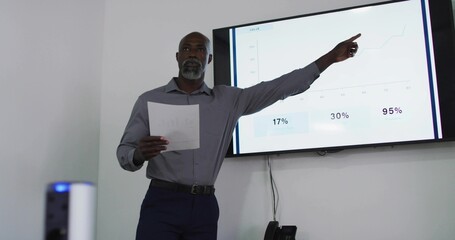 Pointing presenter in shirt and trousers in meeting room, holding sheet, screen showing 17% 30% 95%