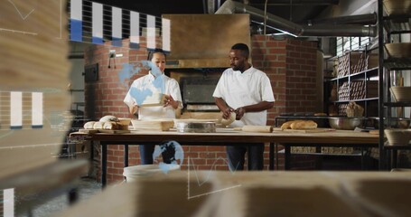 Kneading dough, two bakers wearing chef coats working bakery bench with bannetons, AR overlays