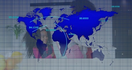 Displaying blue map overlay with data arcs across home, showing child, pink top, backpack straps