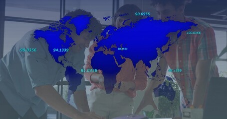 Leaning three coworkers in business attire reviewing laptop, papers at office with blue map overlay