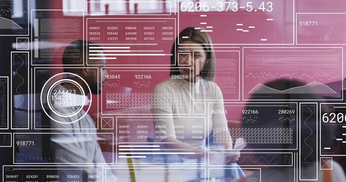 Holding tablet, woman in light blouse leading data meeting in office through glass wall with HUD - Powered by Adobe