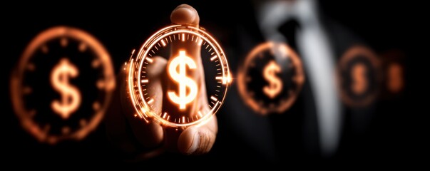 Fototapeta premium A businessperson holds a glowing dollar sign, symbolizing finance, investment, and wealth growth against a dark background.