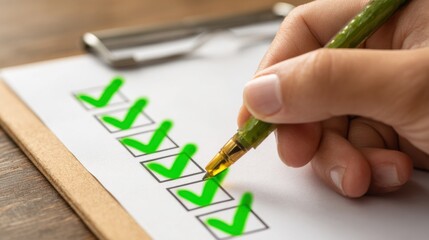 A person's hand checks off items on a checklist with a green pen, symbolizing organization and task completion.