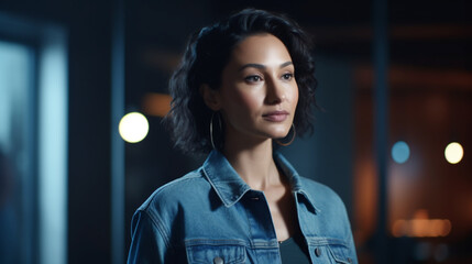 Confident young woman in a denim jacket standing in an urban environment with soft evening bokeh lights