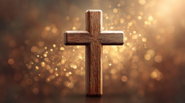 Wooden cross with a bokeh background, a symbol of faith and Christianity - Powered by Adobe