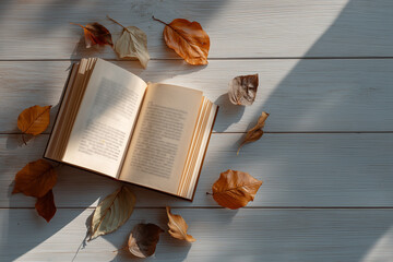 Open Book On A Wooden Table With Leaves, smooth depth of field, dominant colors brown, gray, website header, social media banner, app UI, presentation background