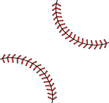 Red baseball stitch vector illustration, curved softball lace seams for sports equipment and team logo design