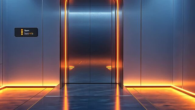 A futuristic elevator with glowing orange neon lights opens and closes in a seamless loop.